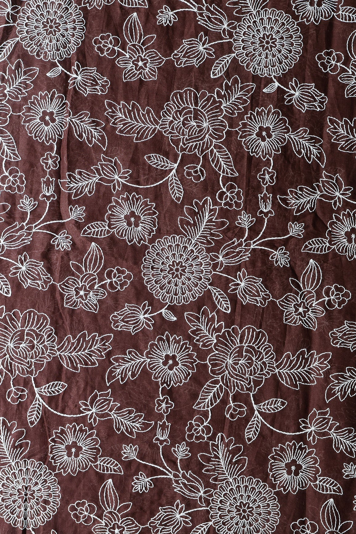 Beautiful White Thread Floral Embroidery Work On Coffee Brown Pure Mul Cotton Fabric - doeraa