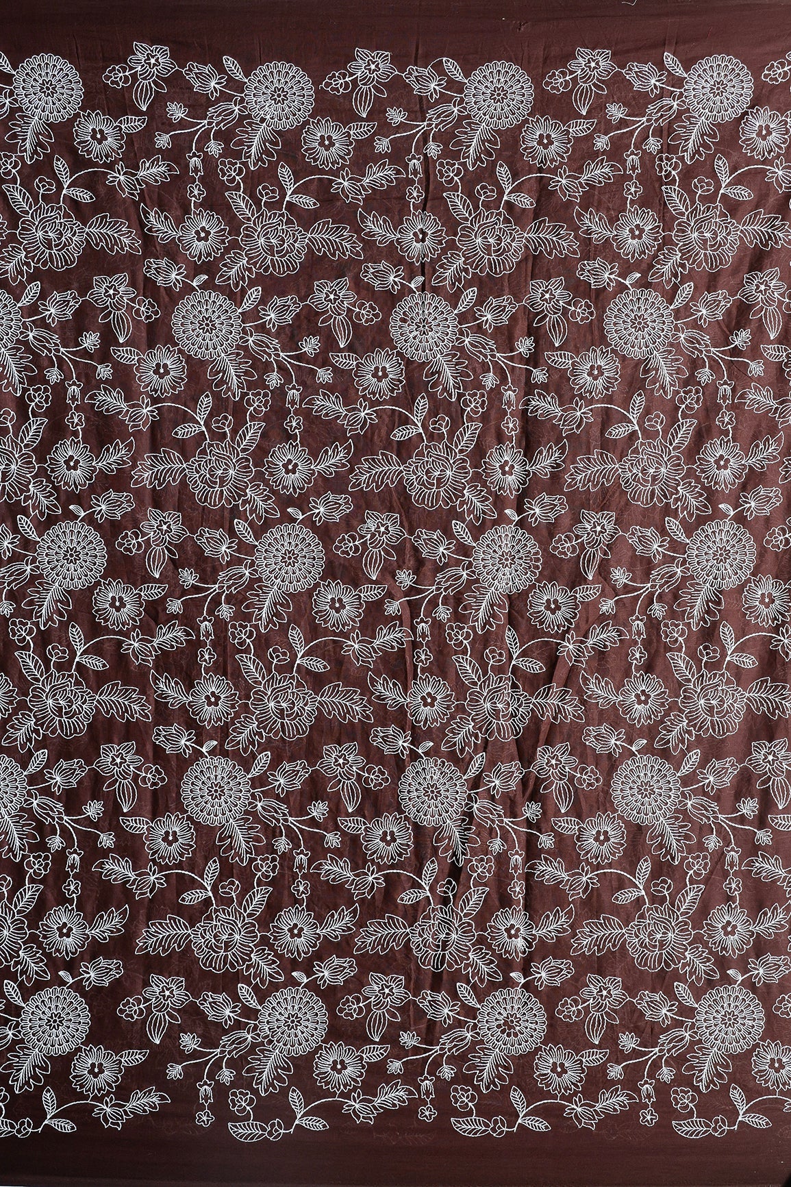 Beautiful White Thread Floral Embroidery Work On Coffee Brown Pure Mul Cotton Fabric - doeraa