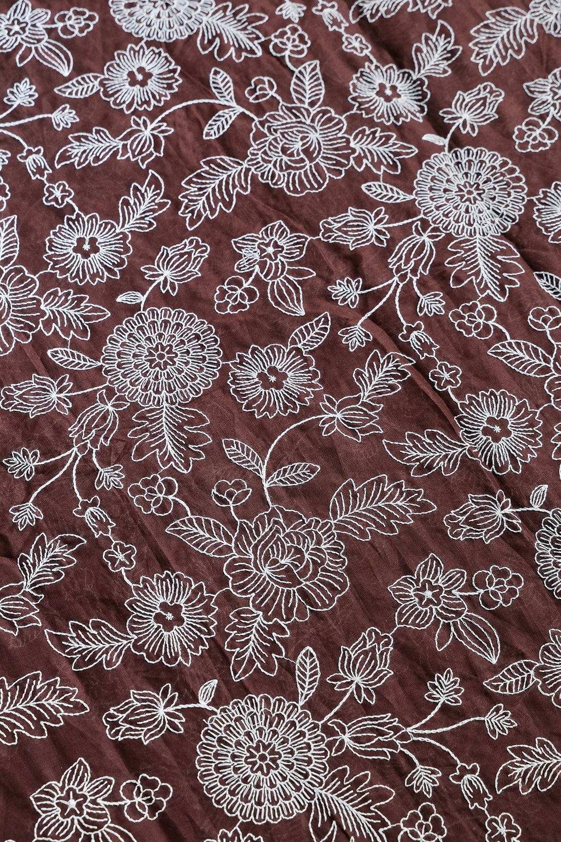 Beautiful White Thread Floral Embroidery Work On Coffee Brown Pure Mul Cotton Fabric - doeraa