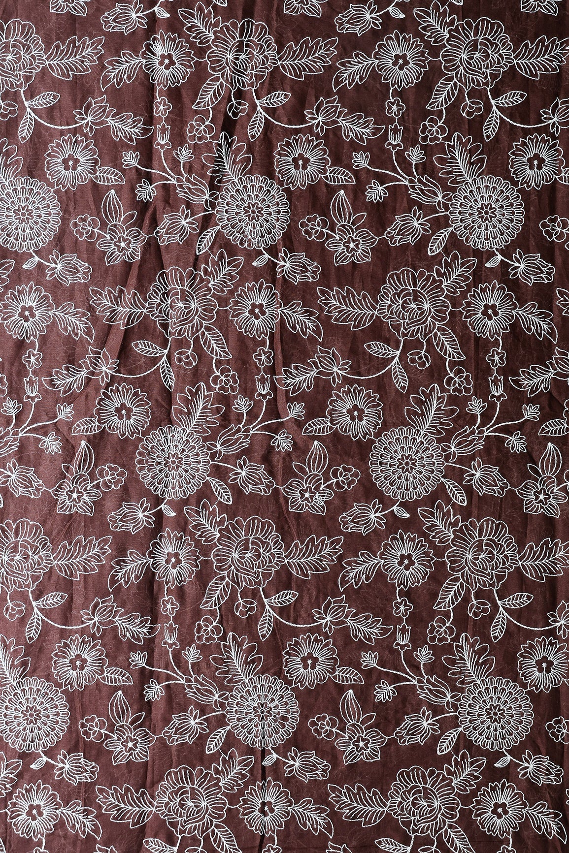 Beautiful White Thread Floral Embroidery Work On Coffee Brown Pure Mul Cotton Fabric - doeraa