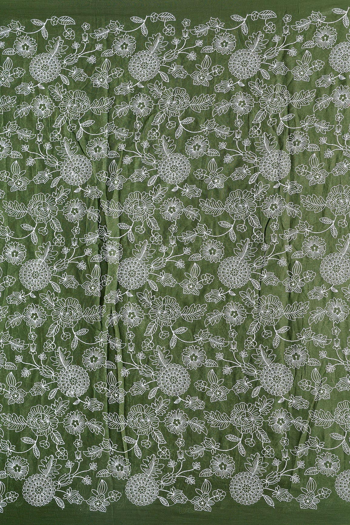 Beautiful White Thread Floral Embroidery Work On Mehndi Green Pure Mul Cotton Fabric - doeraa