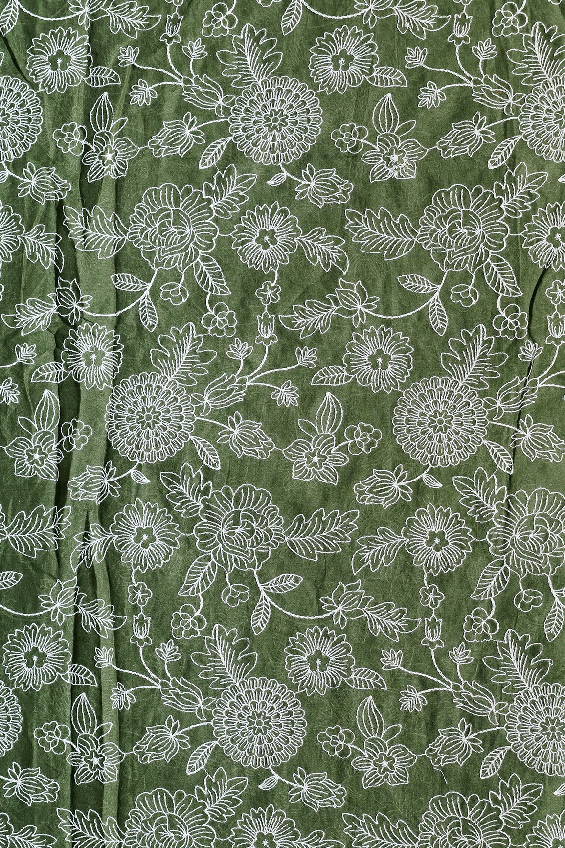 Beautiful White Thread Floral Embroidery Work On Mehndi Green Pure Mul Cotton Fabric - doeraa