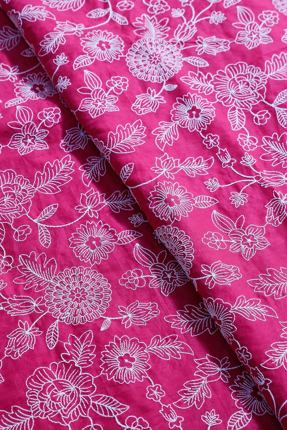 Beautiful White Thread Floral Embroidery Work On Rani Pure Mul Cotton Fabric - doeraa