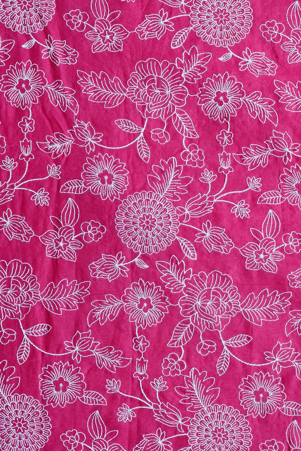 Beautiful White Thread Floral Embroidery Work On Rani Pure Mul Cotton Fabric - doeraa