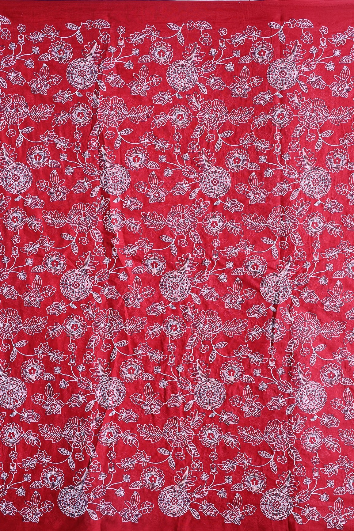 Beautiful White Thread Floral Embroidery Work On Red Pure Mul Cotton Fabric - doeraa