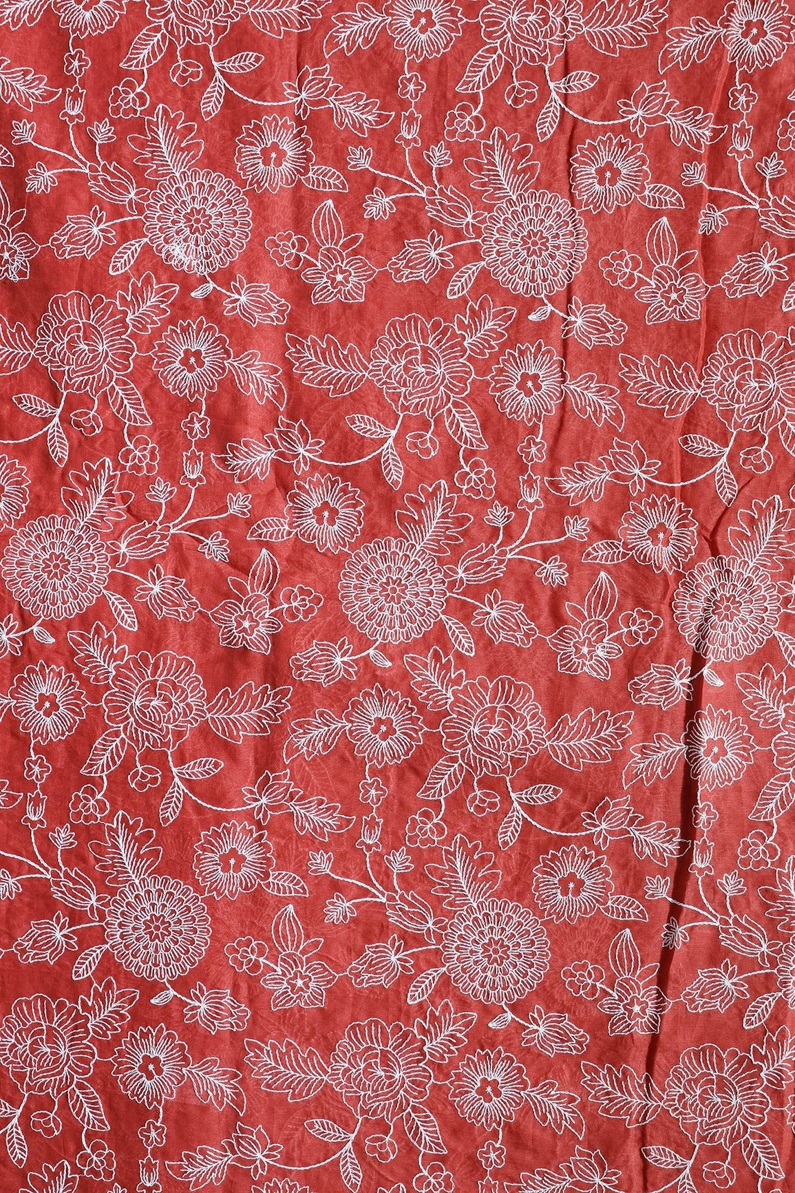 Beautiful White Thread Floral Embroidery Work On Rust Orange Pure Mul Cotton Fabric - doeraa