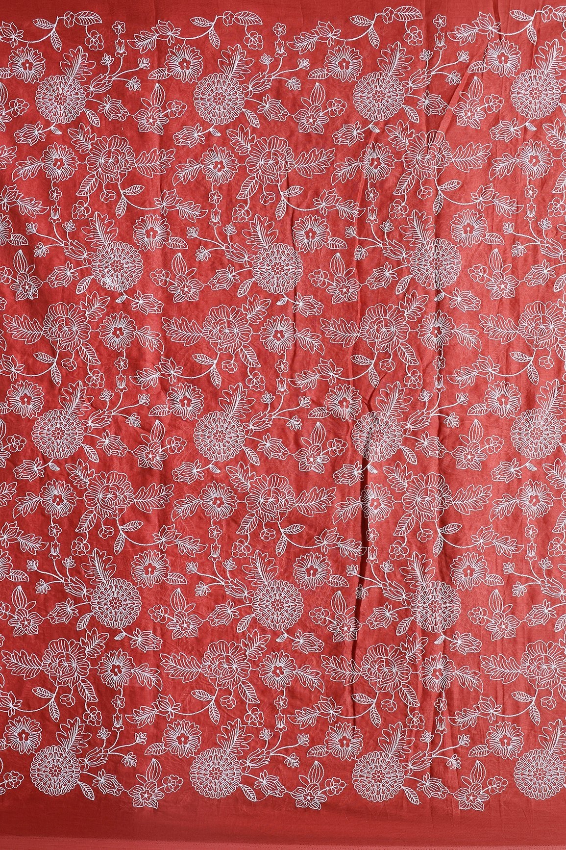 Beautiful White Thread Floral Embroidery Work On Rust Orange Pure Mul Cotton Fabric - doeraa