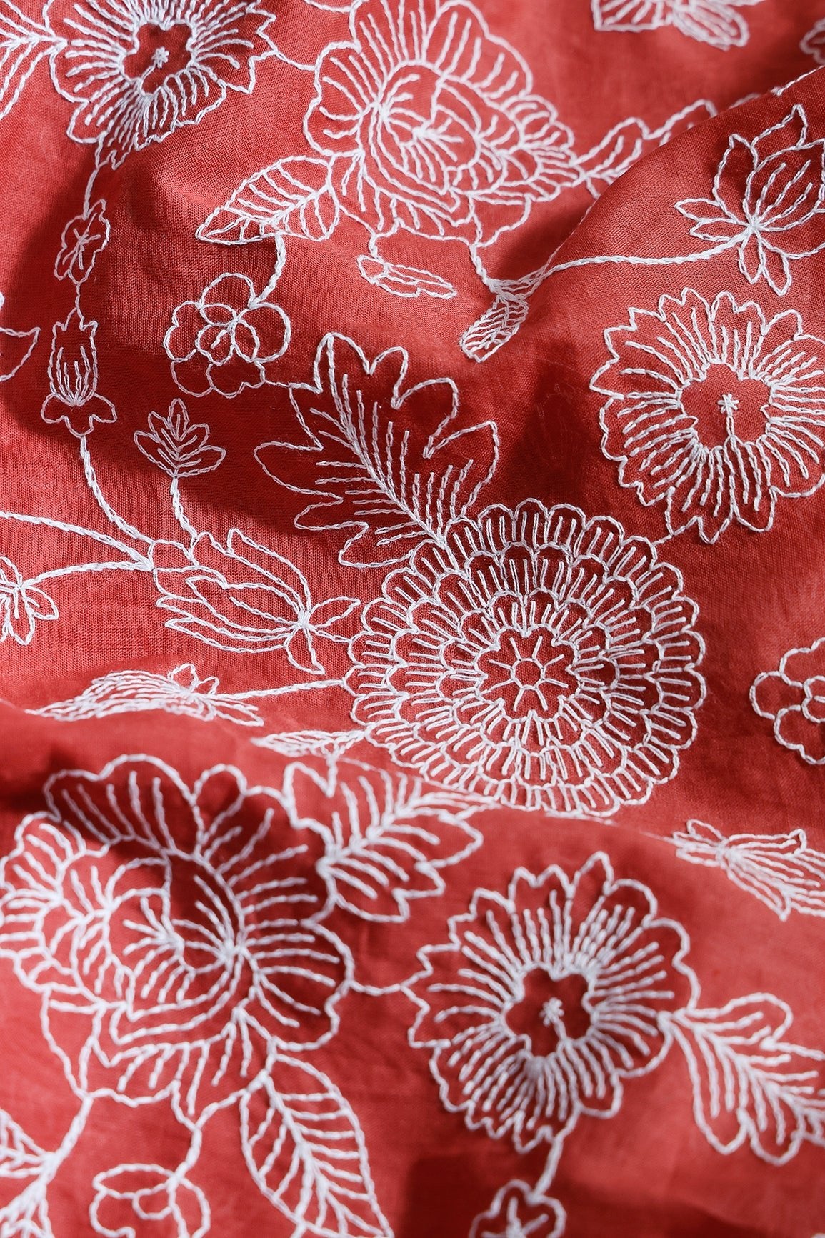 Beautiful White Thread Floral Embroidery Work On Rust Orange Pure Mul Cotton Fabric - doeraa