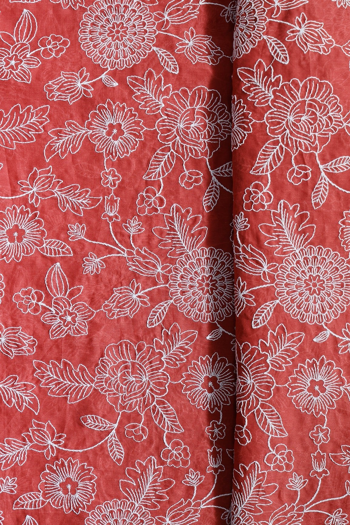 Beautiful White Thread Floral Embroidery Work On Rust Orange Pure Mul Cotton Fabric - doeraa