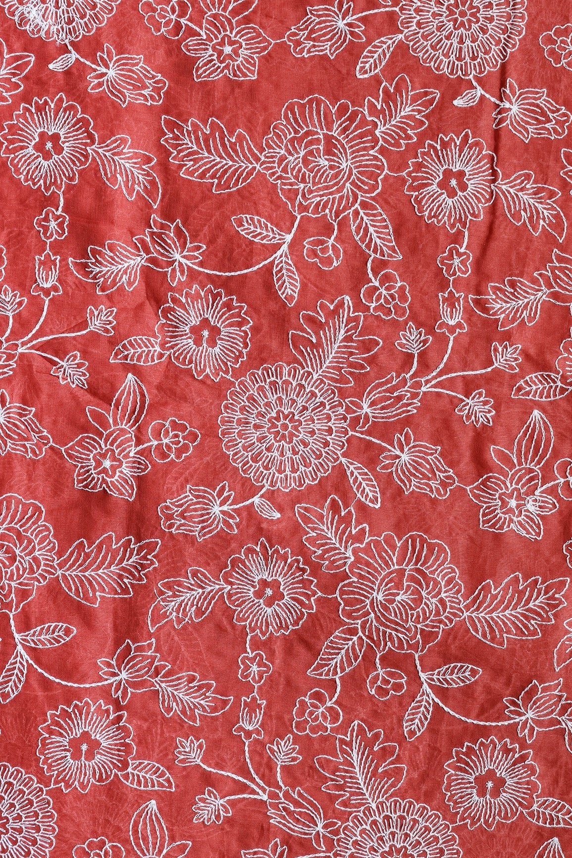 Beautiful White Thread Floral Embroidery Work On Rust Orange Pure Mul Cotton Fabric - doeraa
