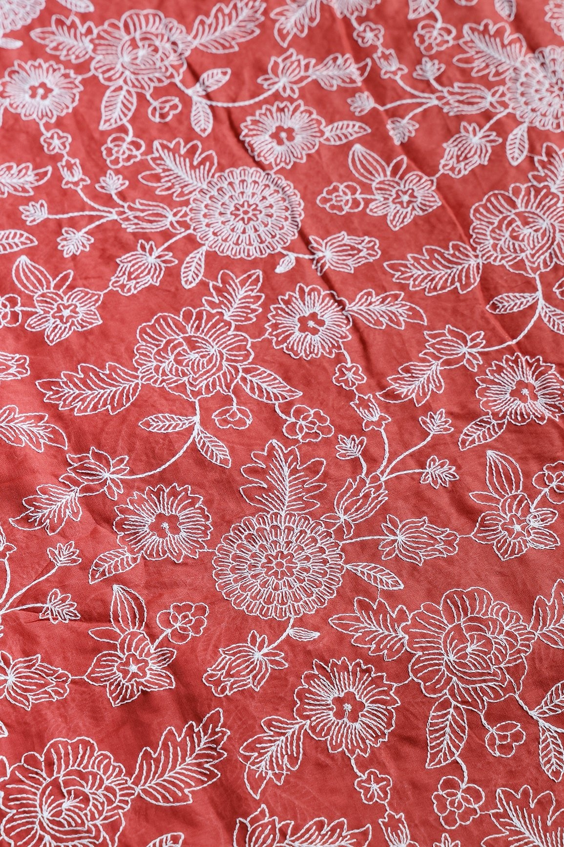 Beautiful White Thread Floral Embroidery Work On Rust Orange Pure Mul Cotton Fabric - doeraa