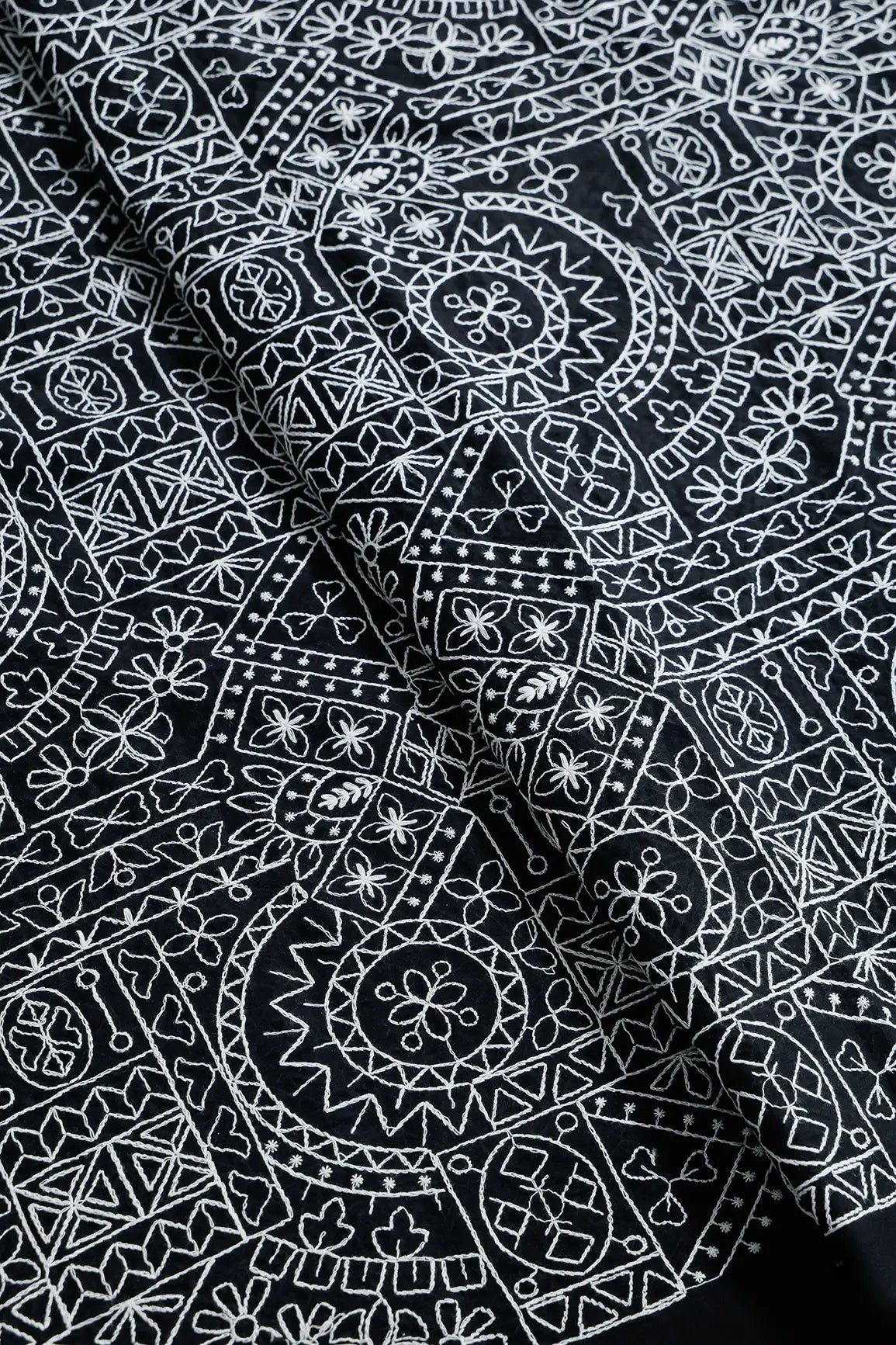 Beautiful White Thread Traditional Embroidery Work On Black Pure Mul Cotton Fabric - doeraa