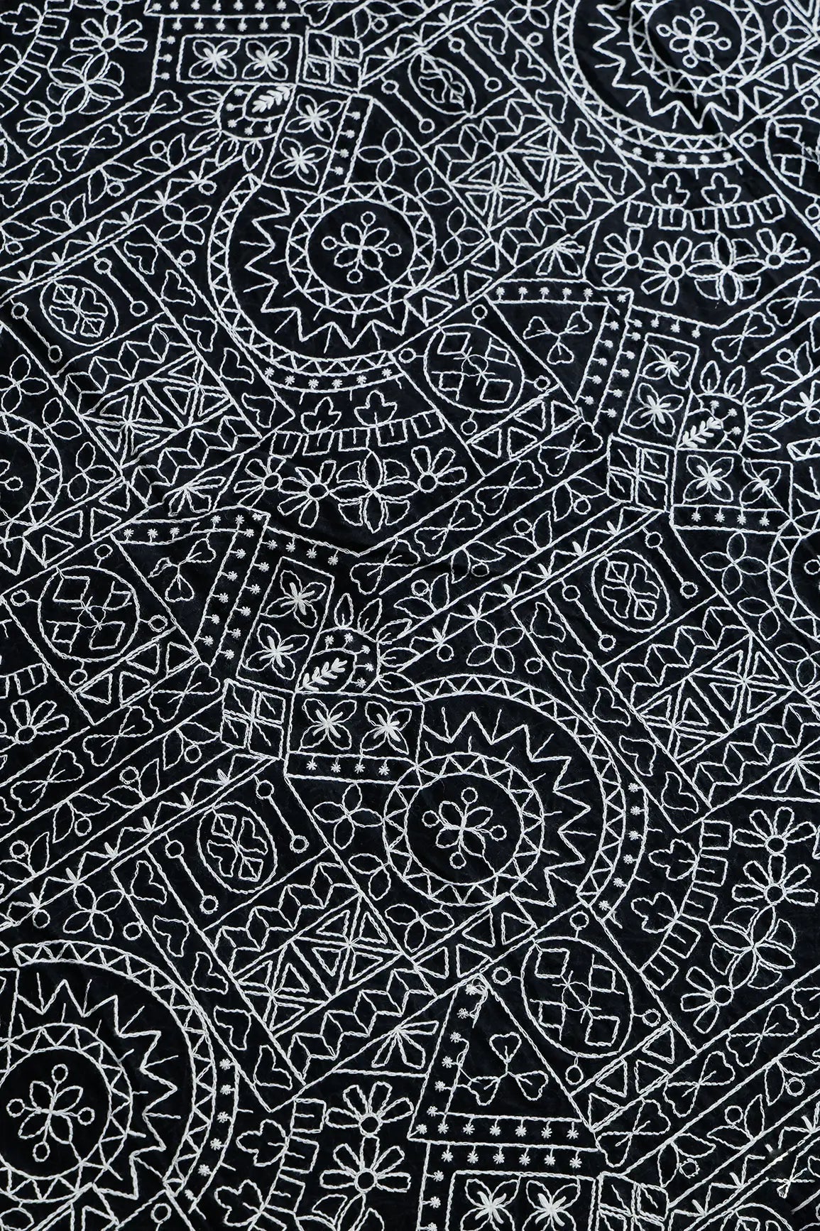 Beautiful White Thread Traditional Embroidery Work On Black Pure Mul Cotton Fabric - doeraa