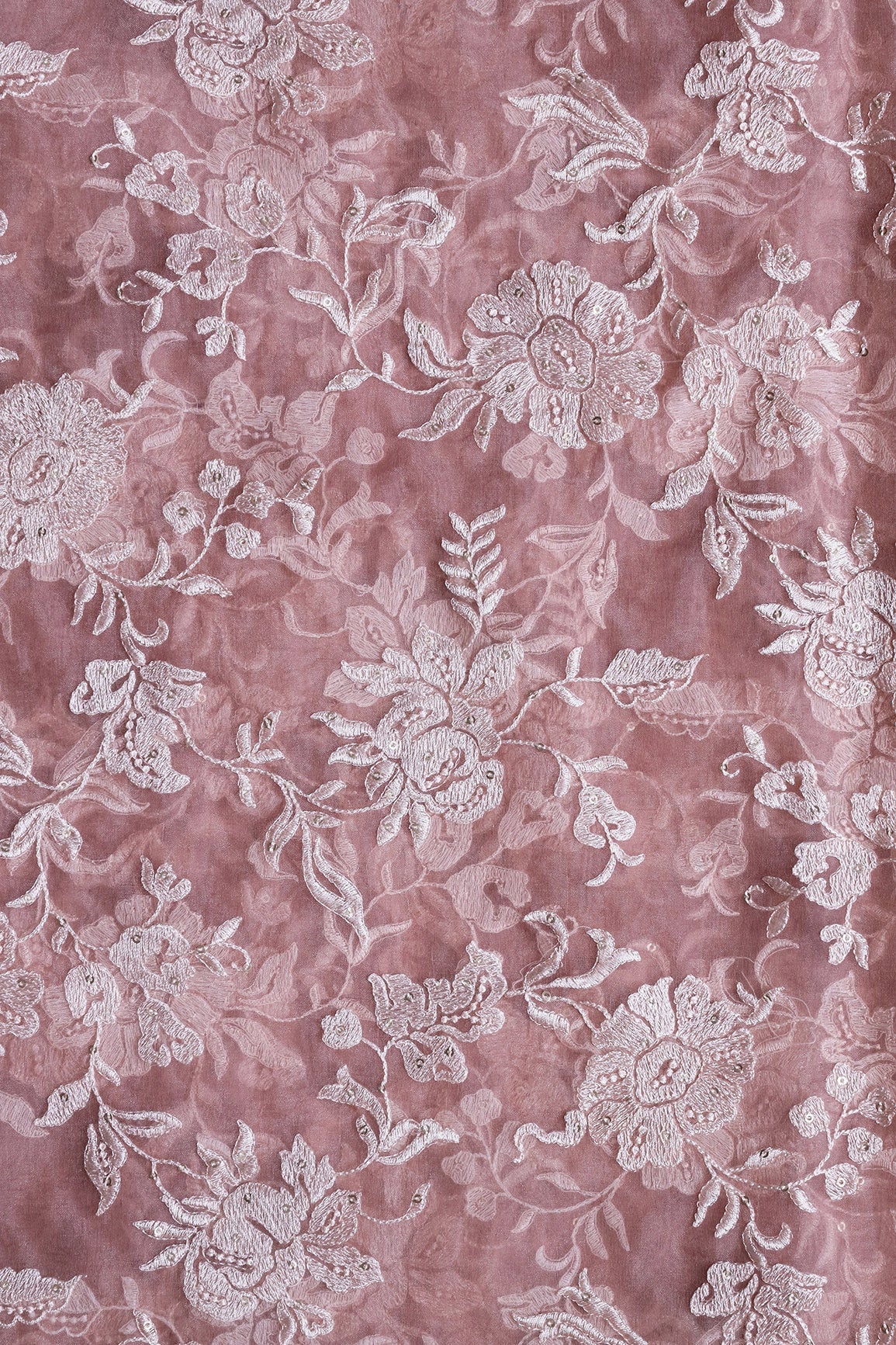 Beautiful White Thread With Sequins Floral Embroidery Work On Light Brown Organza Fabric - doeraa