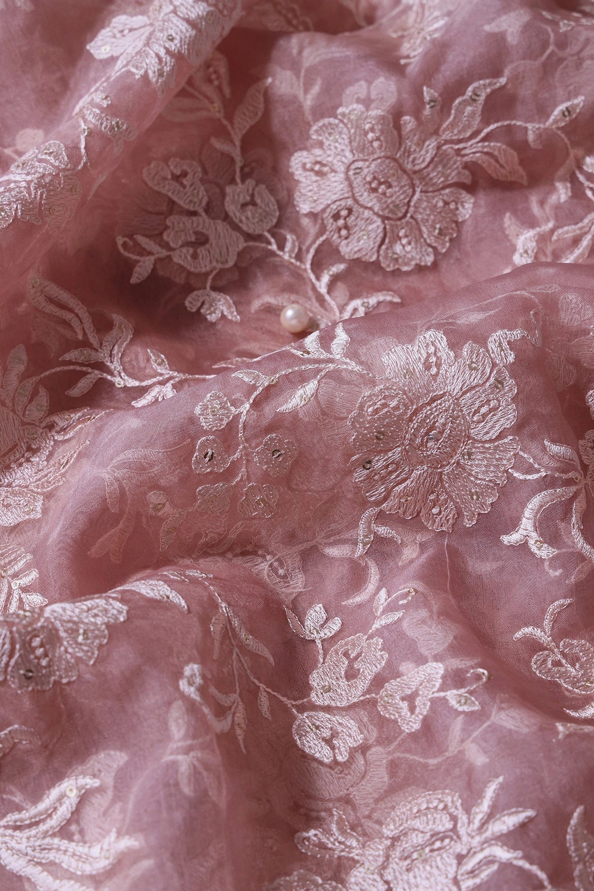 Beautiful White Thread With Sequins Floral Embroidery Work On Light Brown Organza Fabric - doeraa
