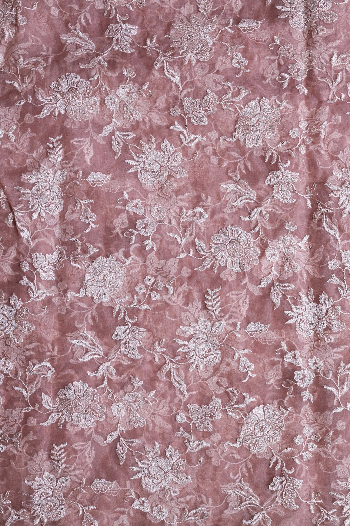 Beautiful White Thread With Sequins Floral Embroidery Work On Light Brown Organza Fabric - doeraa