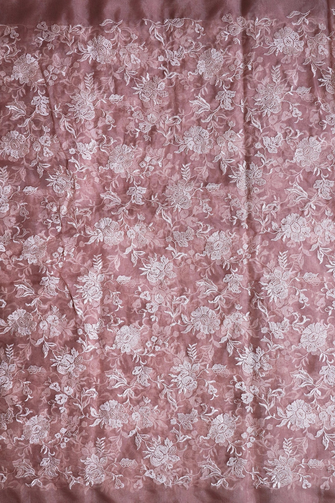 Beautiful White Thread With Sequins Floral Embroidery Work On Light Brown Organza Fabric - doeraa