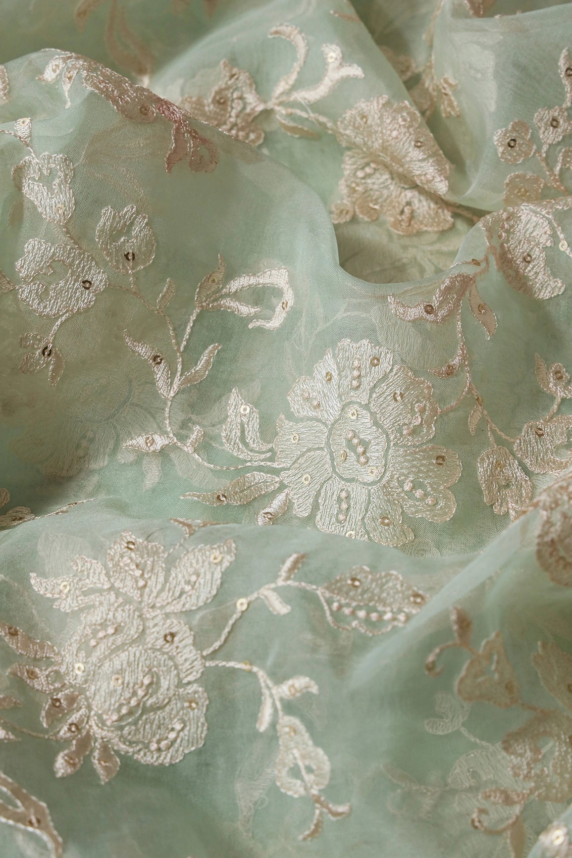 Beautiful White Thread With Sequins Floral Embroidery Work On Pista Green Organza Fabric - doeraa