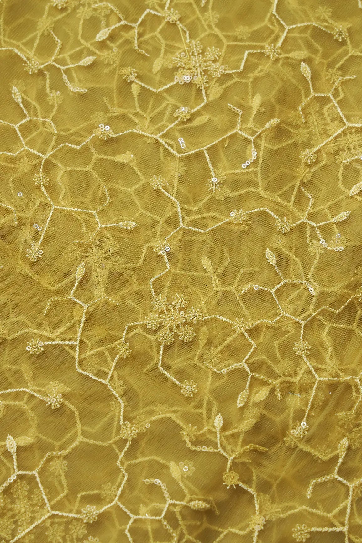 Beautiful Yellow Sequins Small Floral Embroidery On Yellow Soft Net Fabric - doeraa