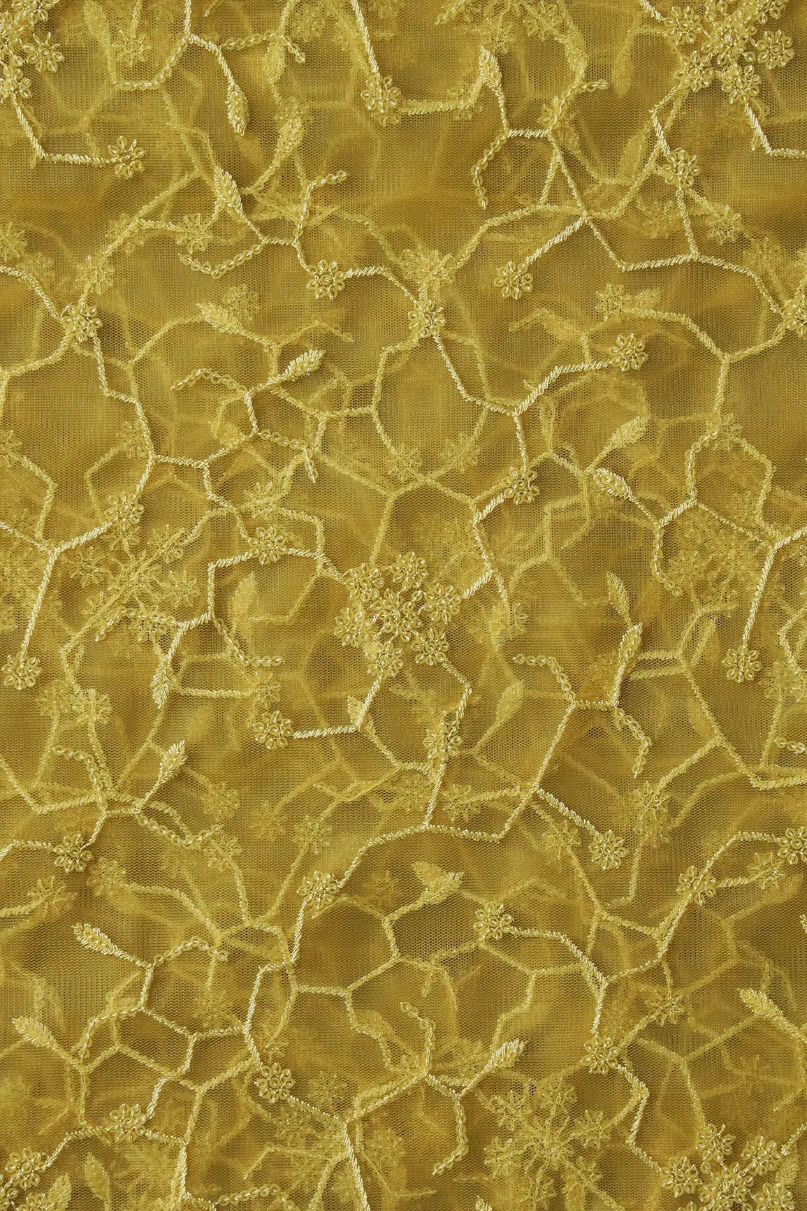 Beautiful Yellow Sequins Small Floral Embroidery On Yellow Soft Net Fabric - doeraa