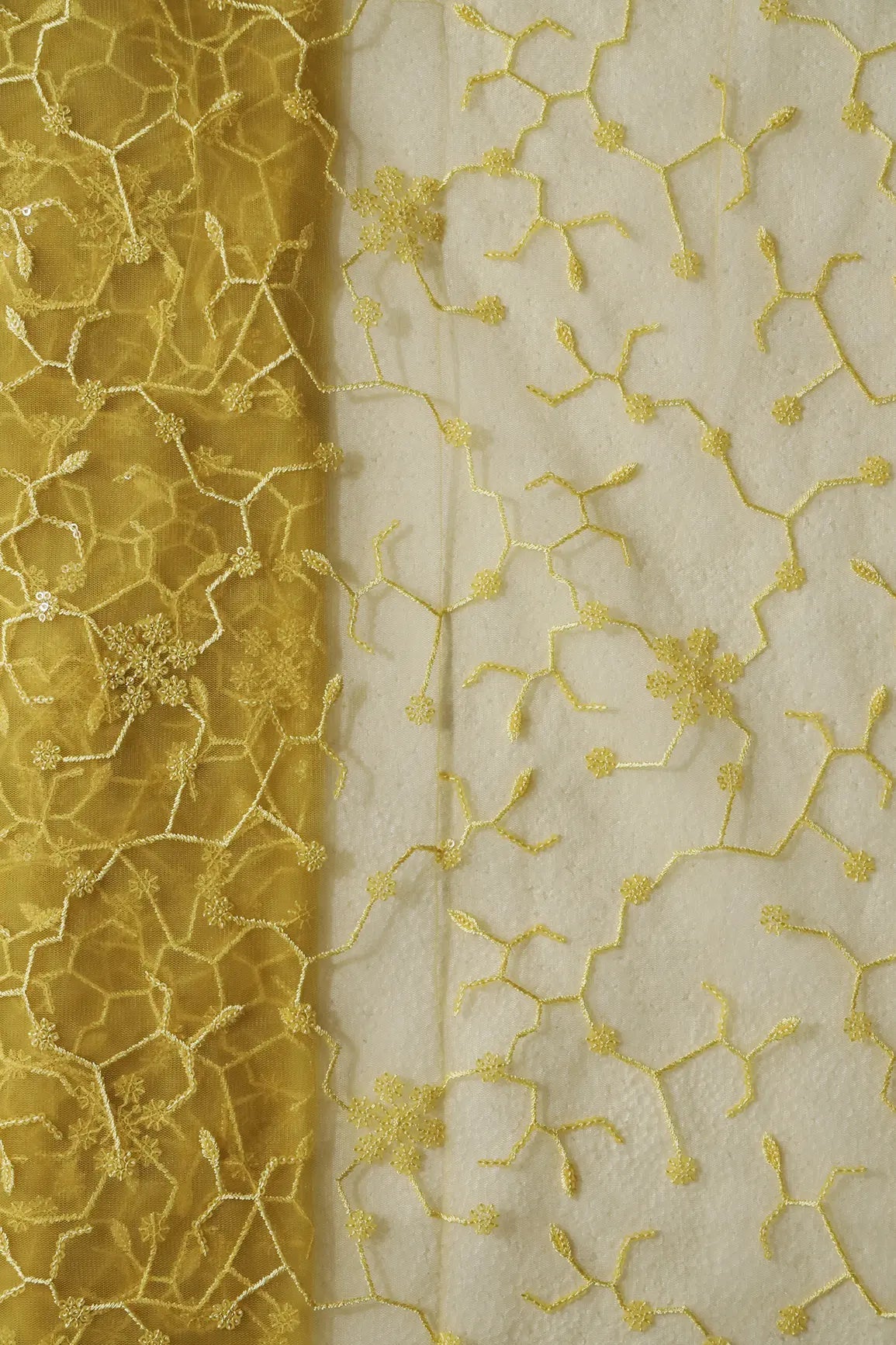 Beautiful Yellow Sequins Small Floral Embroidery On Yellow Soft Net Fabric - doeraa