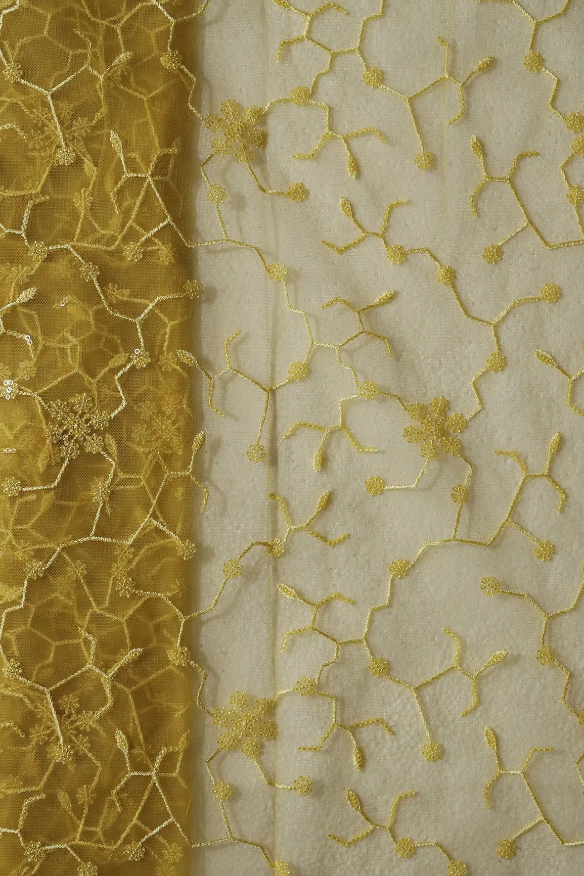 Beautiful Yellow Sequins Small Floral Embroidery On Yellow Soft Net Fabric - doeraa