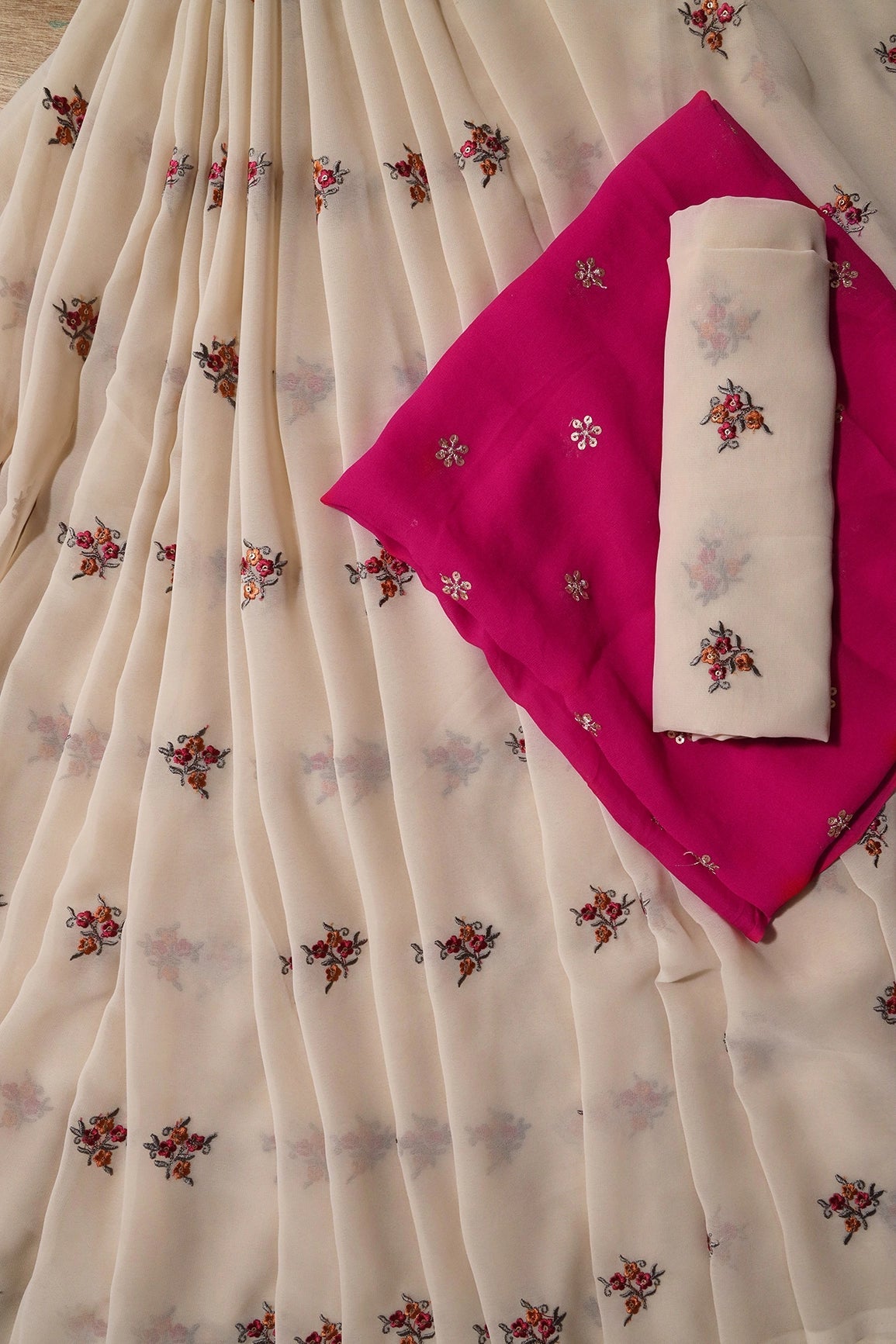 Beige And Fuchsia Unstitched Lehenga Set Fabric (3 Piece) - doeraa