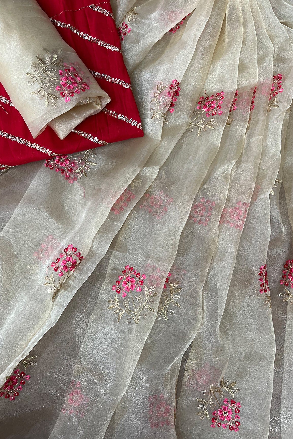 Beige and Red Unstitched Lehenga Set Fabric (3 Piece) - doeraa