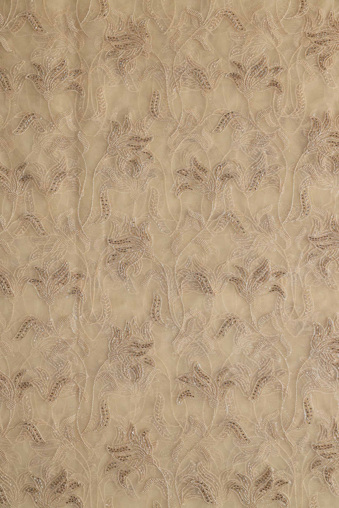 Beige Thread & Beads With Water Sequins Floral Leafy Embroidery Work On Beige Soft Net Fabric - doeraa