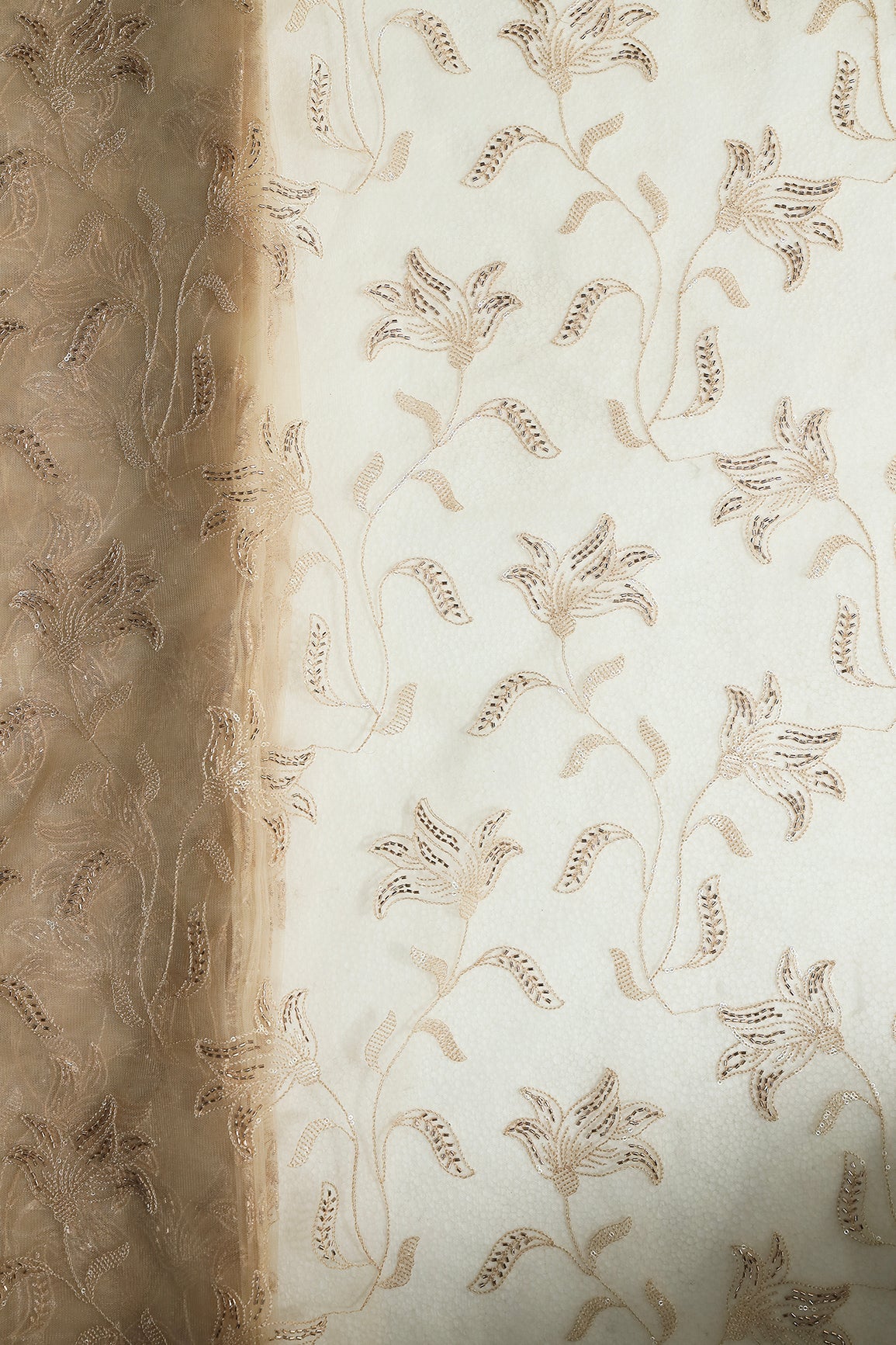 Beige Thread & Beads With Water Sequins Floral Leafy Embroidery Work On Beige Soft Net Fabric - doeraa