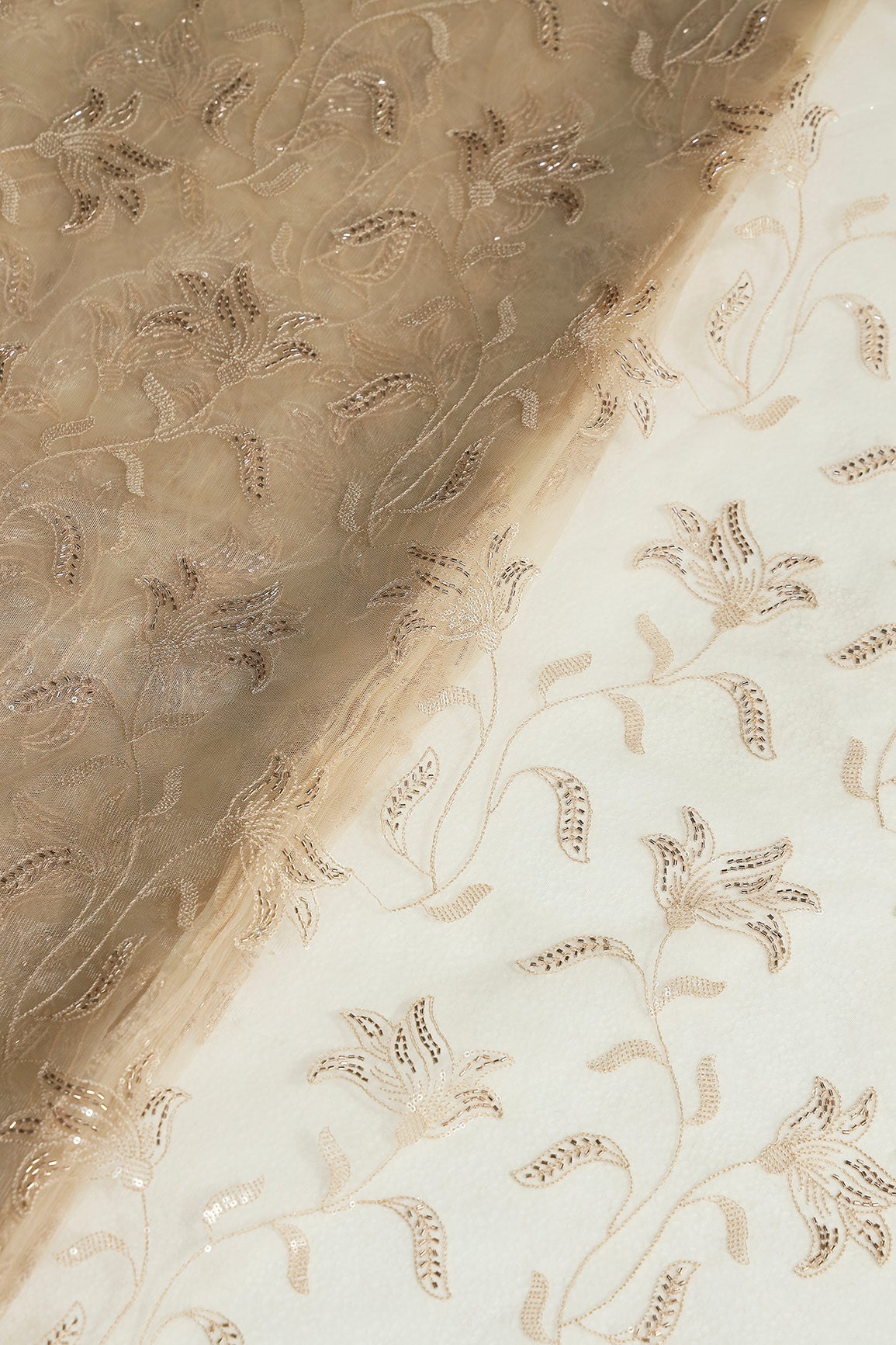 Beige Thread & Beads With Water Sequins Floral Leafy Embroidery Work On Beige Soft Net Fabric - doeraa