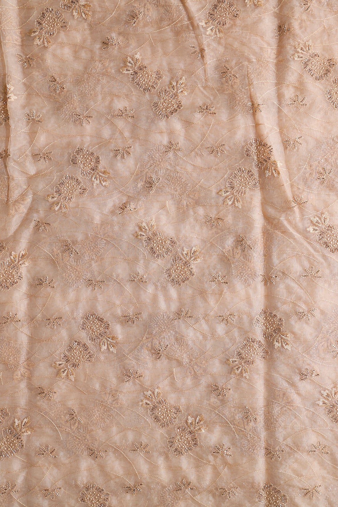 Beige Thread With Beads Floral Embroidery On Beige Organza Fabric - doeraa