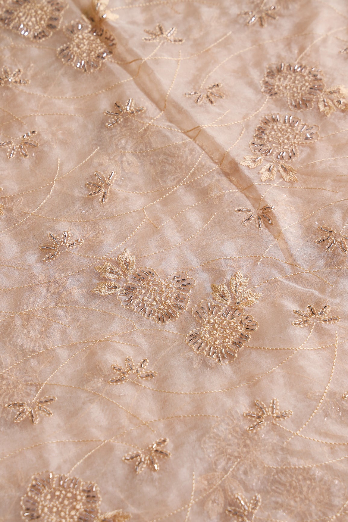Beige Thread With Beads Floral Embroidery On Beige Organza Fabric - doeraa