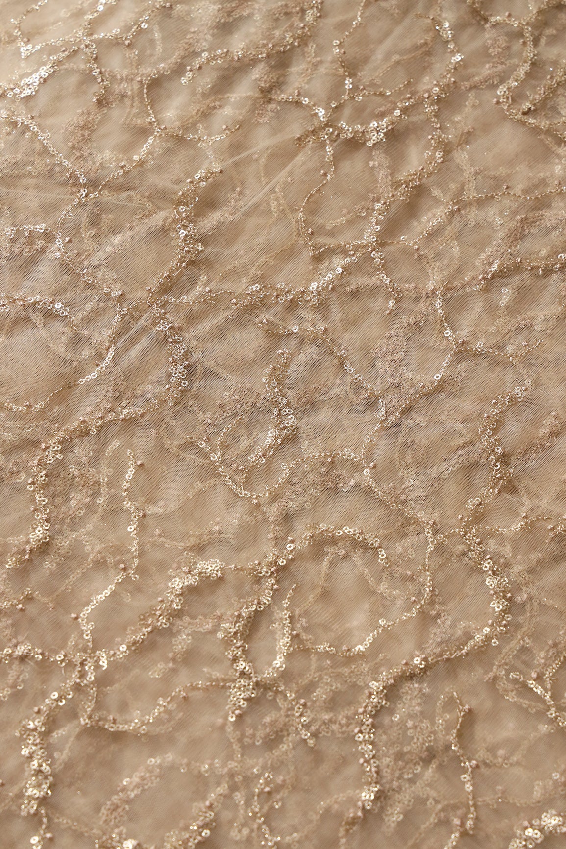Beige Thread With Gold Glitter Sequins Abstract Embroidery On Beige Soft Net Fabric - doeraa