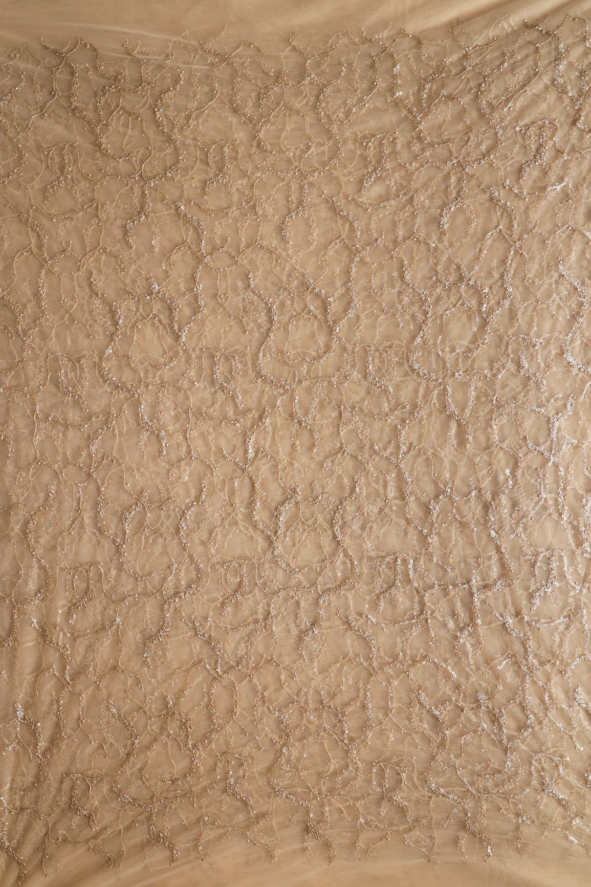 Beige Thread With Gold Glitter Sequins Abstract Embroidery On Beige Soft Net Fabric - doeraa