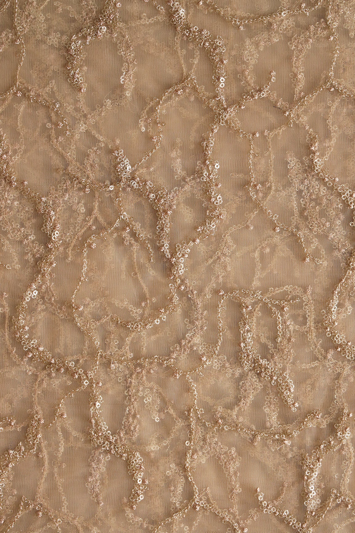 Beige Thread With Gold Glitter Sequins Abstract Embroidery On Beige Soft Net Fabric - doeraa