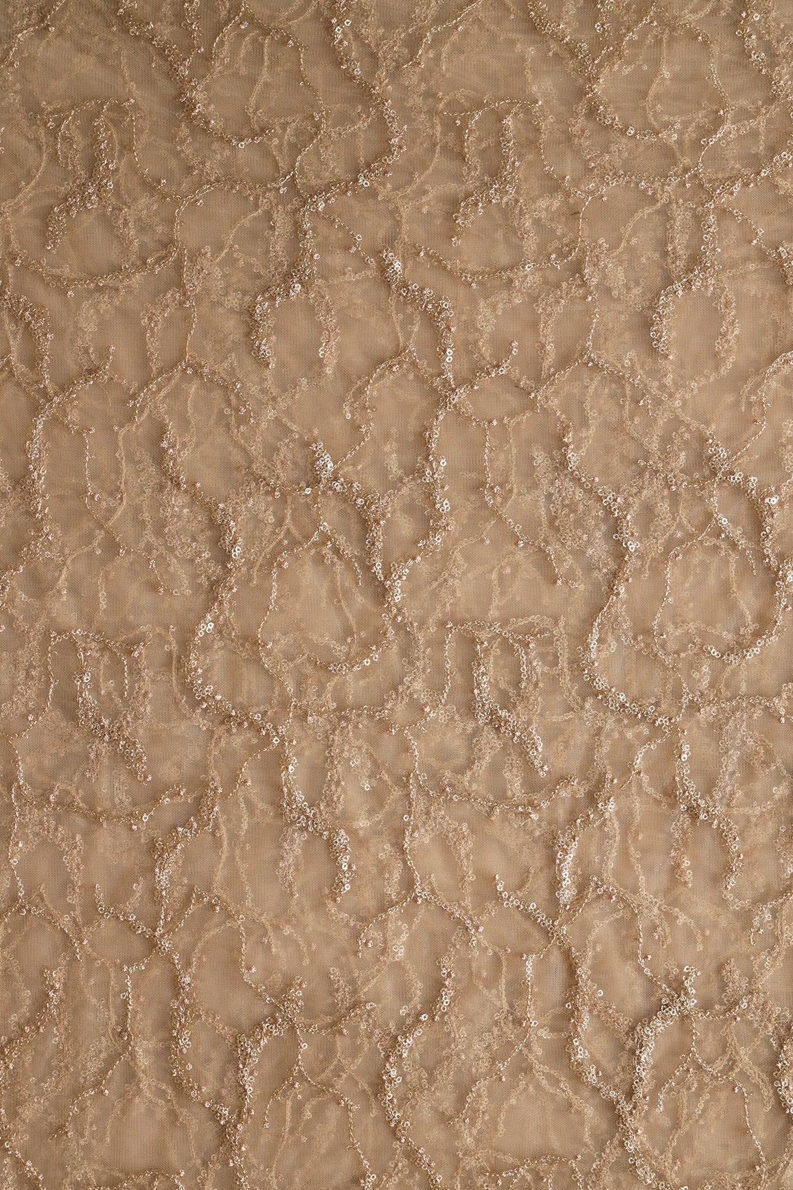 Beige Thread With Gold Glitter Sequins Abstract Embroidery On Beige Soft Net Fabric - doeraa