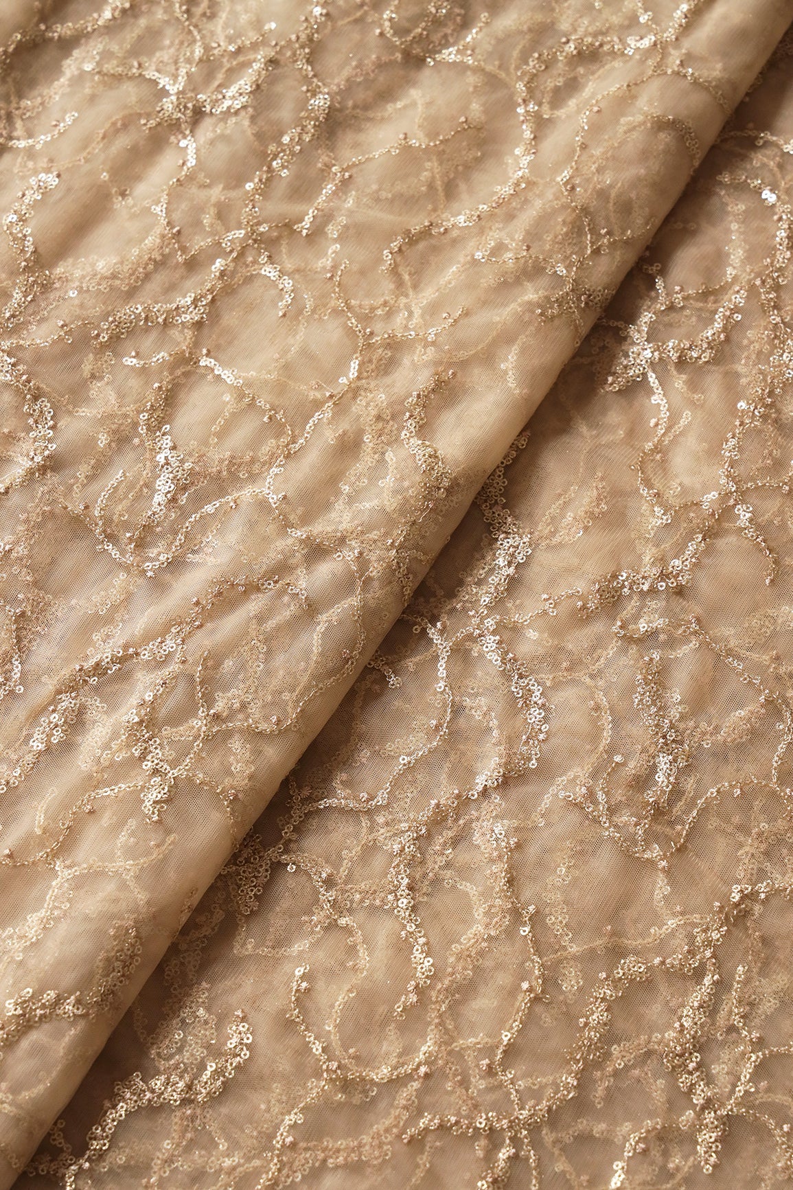 Beige Thread With Gold Glitter Sequins Abstract Embroidery On Beige Soft Net Fabric - doeraa