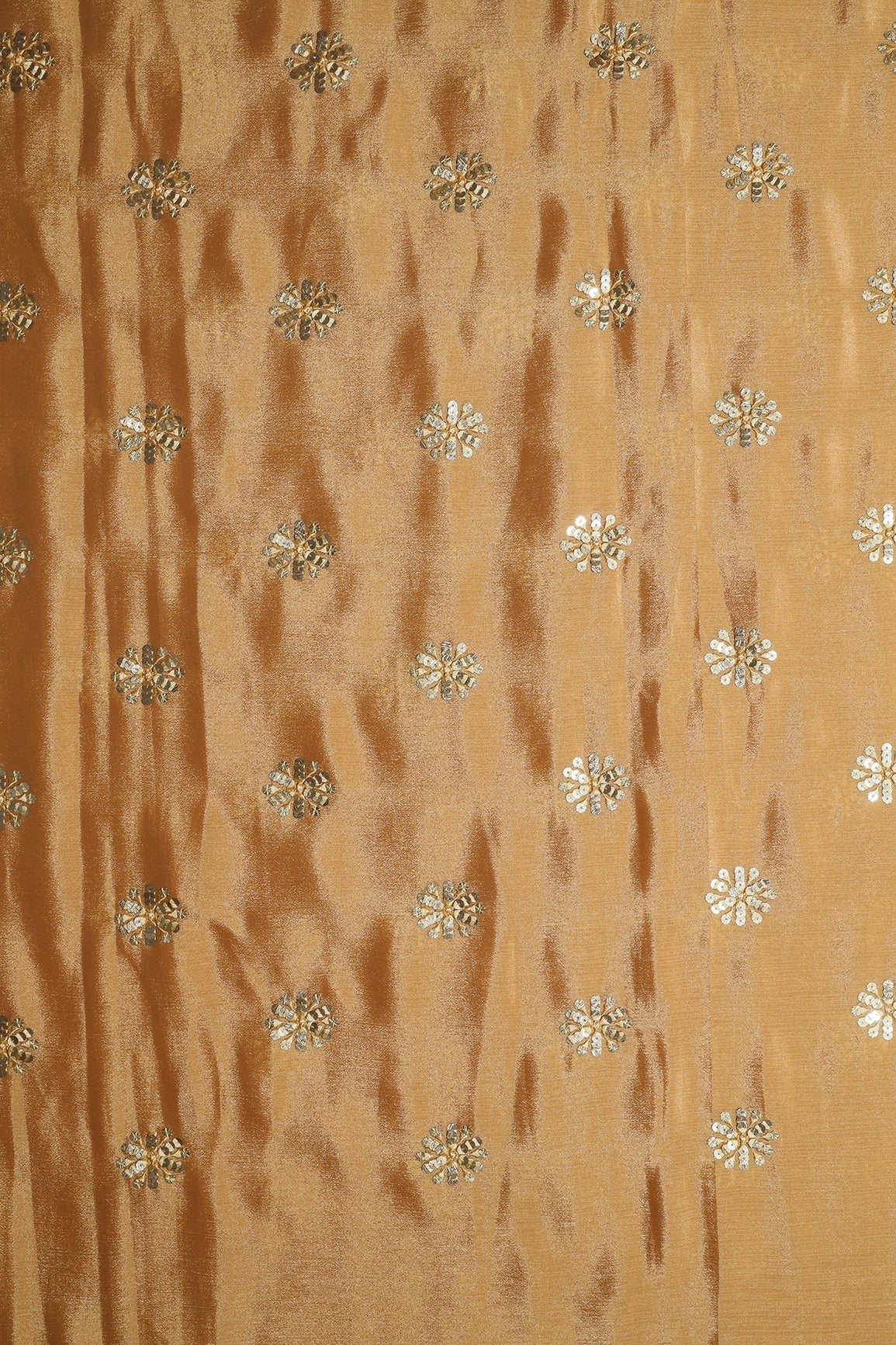 Beige Thread With Gold Sequins Floral Butta Embroidery Work On Beige Chinnon Chiffon Fabric - doeraa
