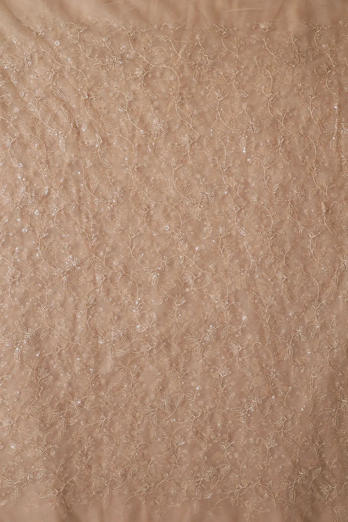 Beige Thread With Water Sequins Floral Embroidery On Beige Soft Net Fabric - doeraa