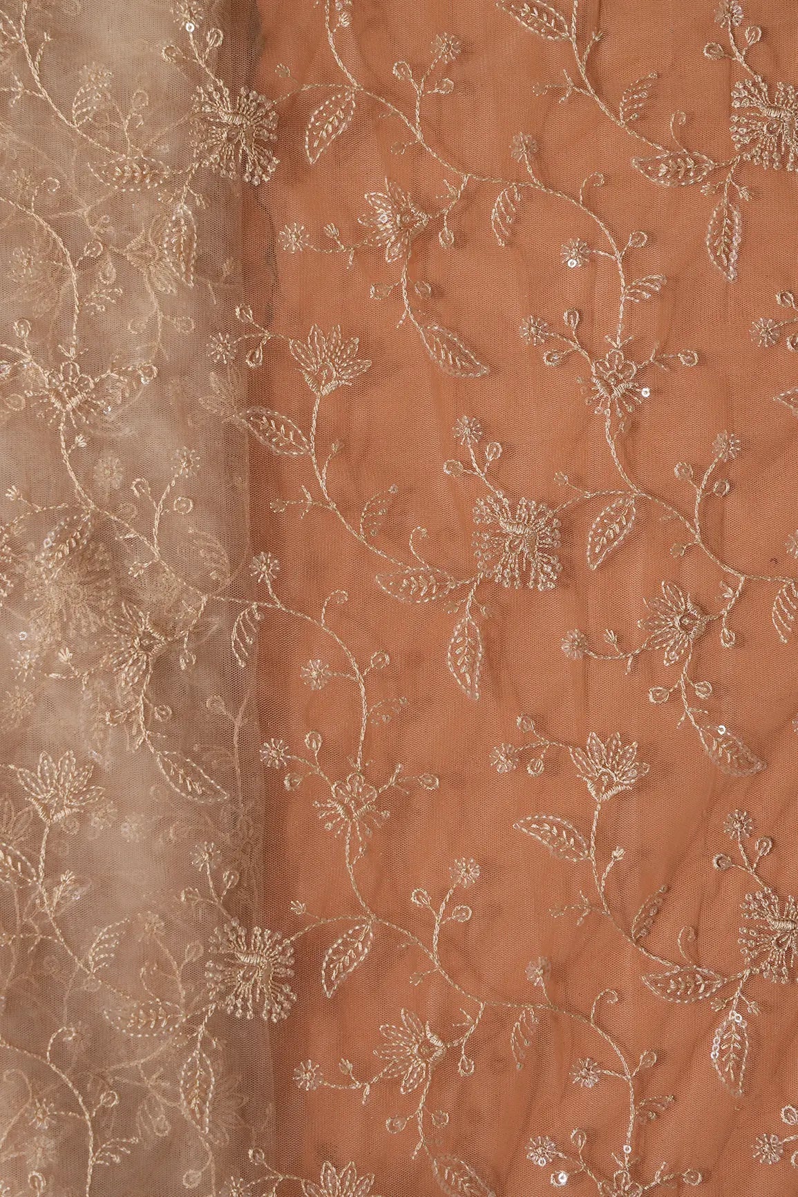 Beige Thread With Water Sequins Floral Embroidery On Beige Soft Net Fabric - doeraa