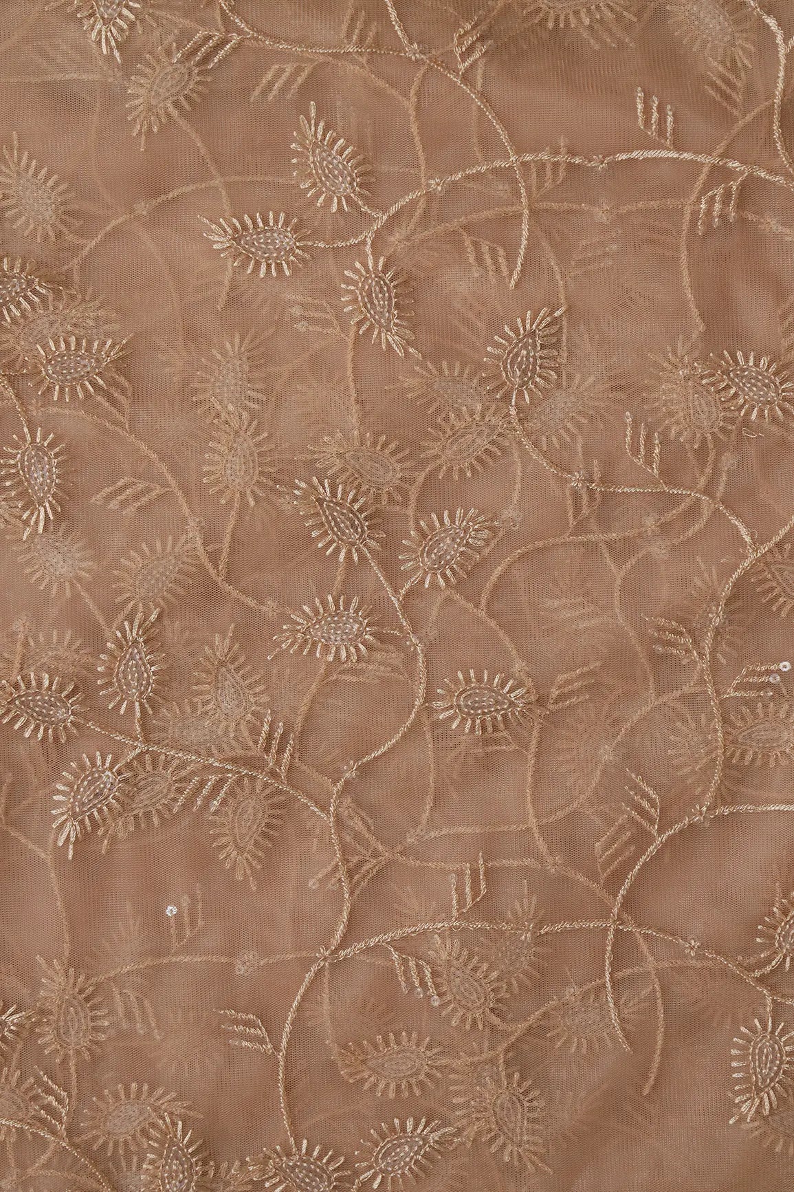 Beige Thread With Water Sequins Leafy Embroidery On Beige Soft Net Fabric - doeraa