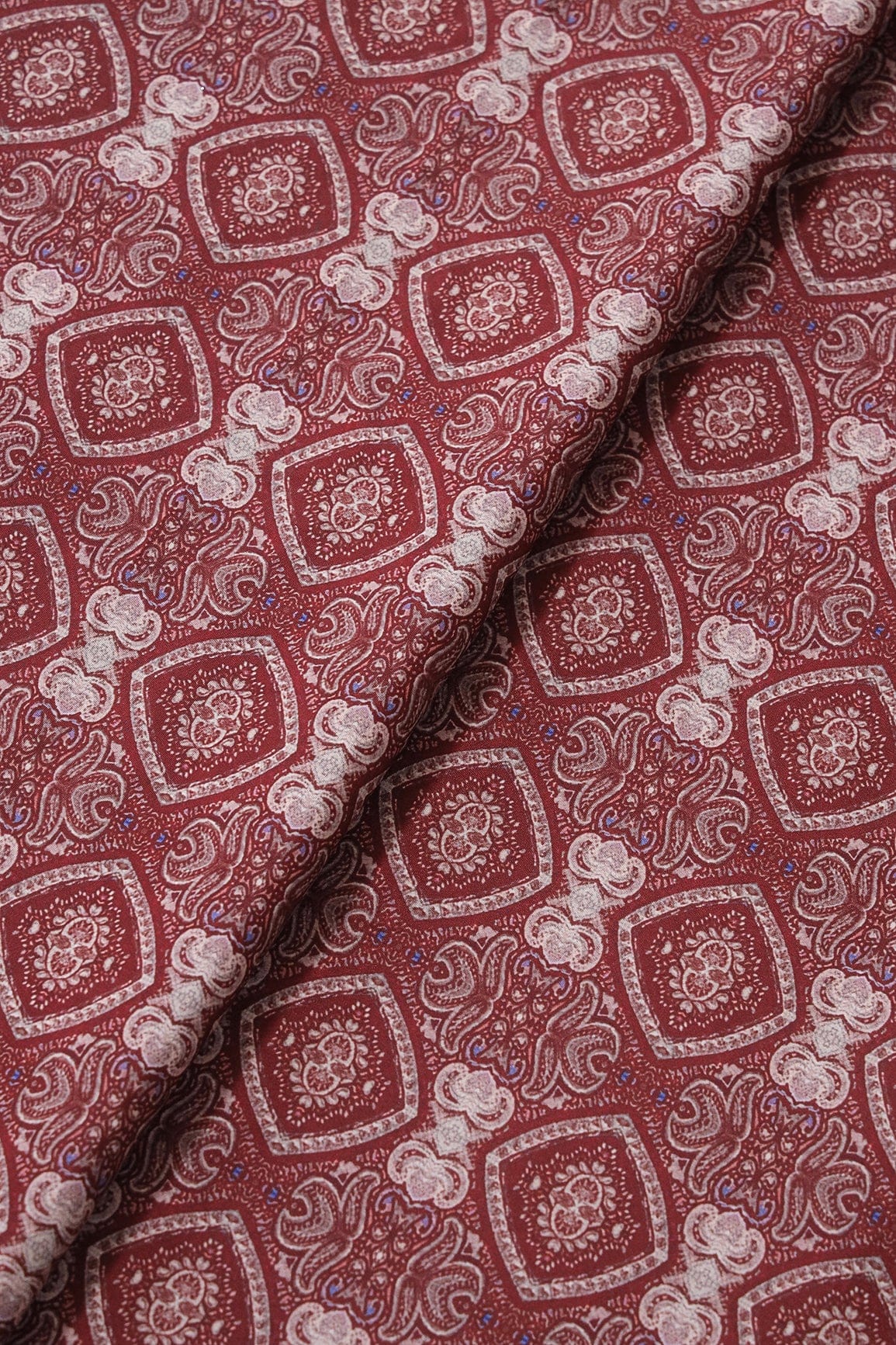 Beige Traditional Pattern Digital Print On Dark Maroon French Crepe Fabric - doeraa