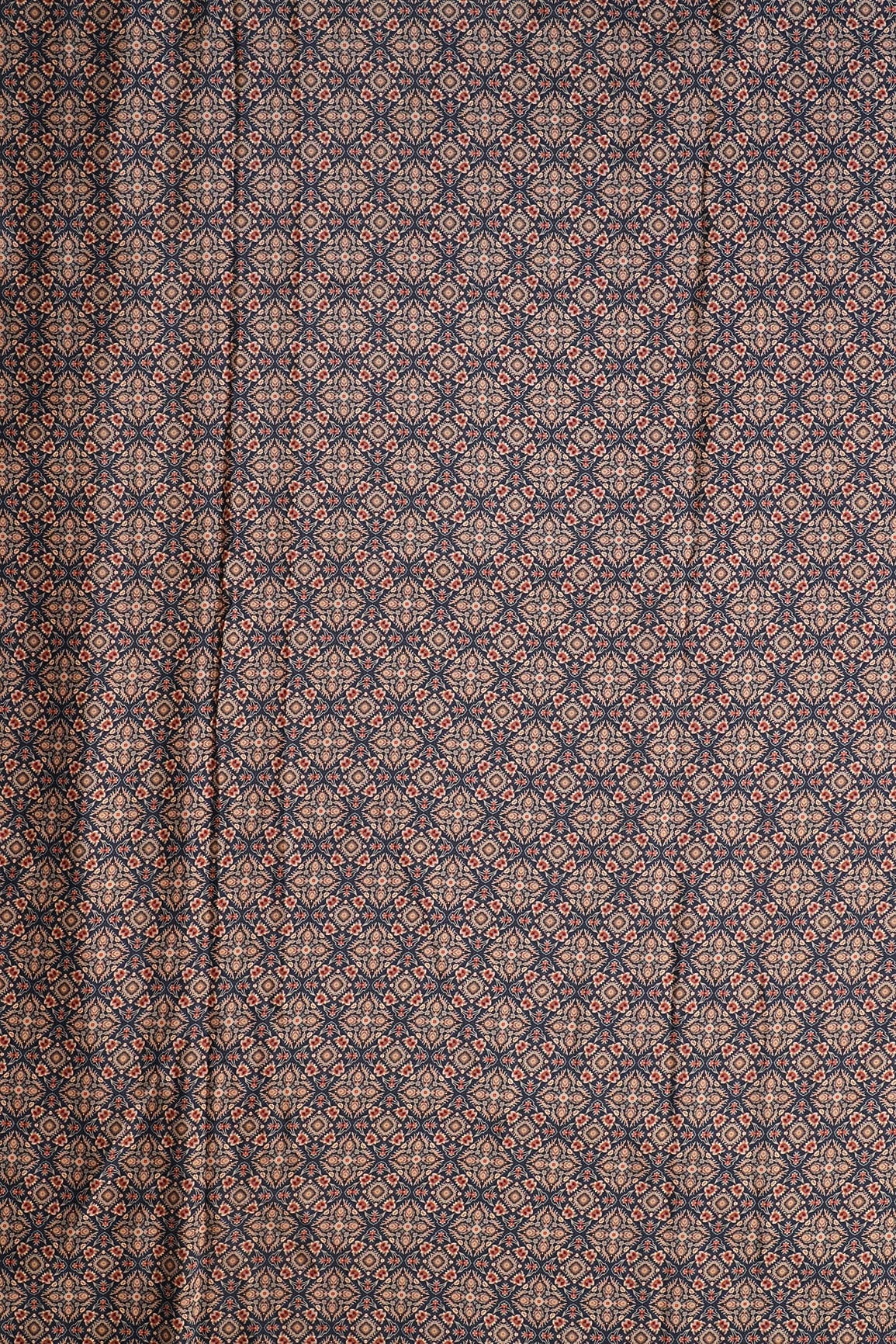 Beige Traditional Pattern Digital Print On Navy Blue French Crepe Fabric - doeraa