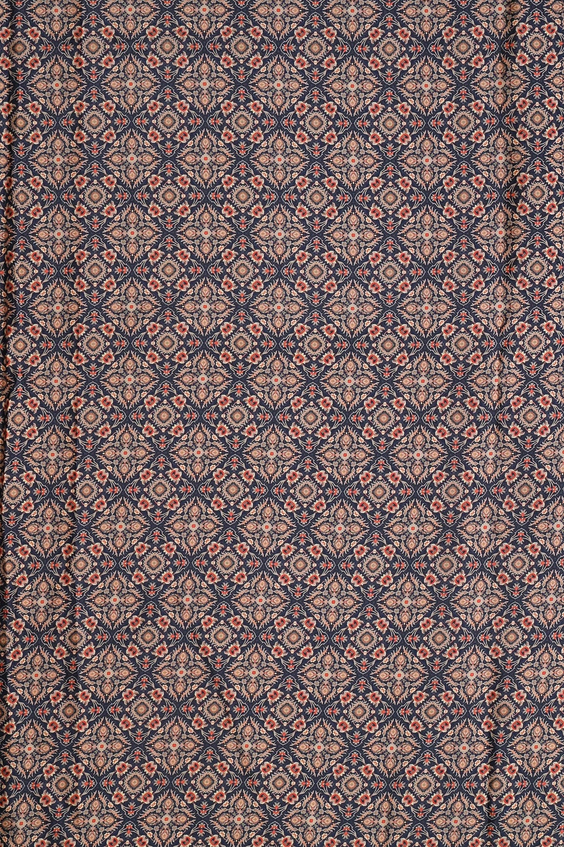 Beige Traditional Pattern Digital Print On Navy Blue French Crepe Fabric - doeraa
