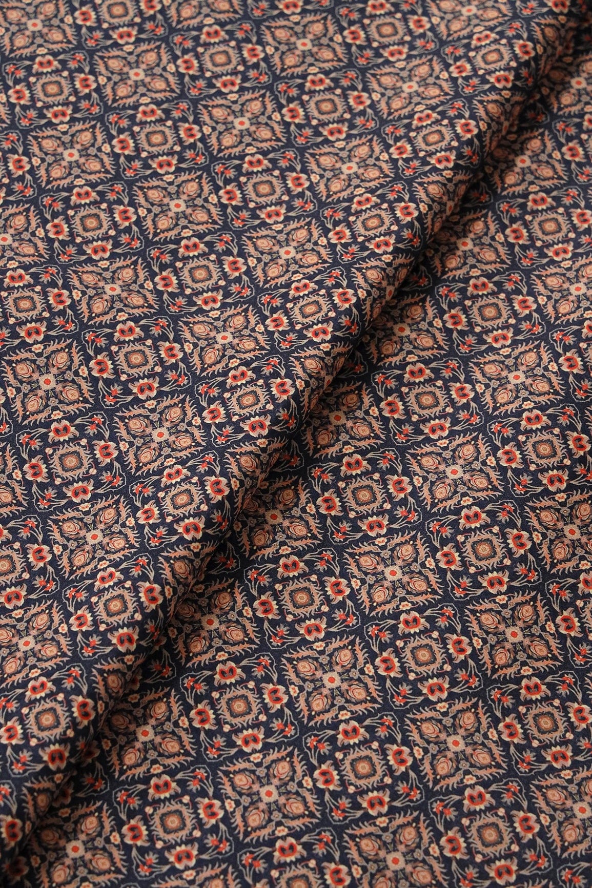 Beige Traditional Pattern Digital Print On Navy Blue French Crepe Fabric - doeraa