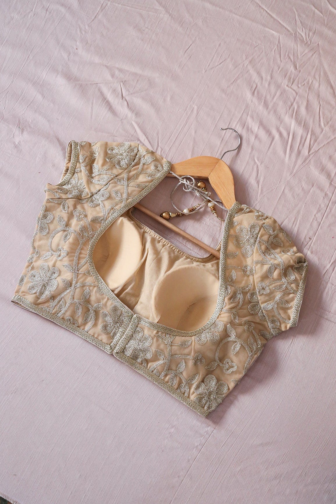 Beige Zari Embroidery Net Stitched Blouse - doeraa