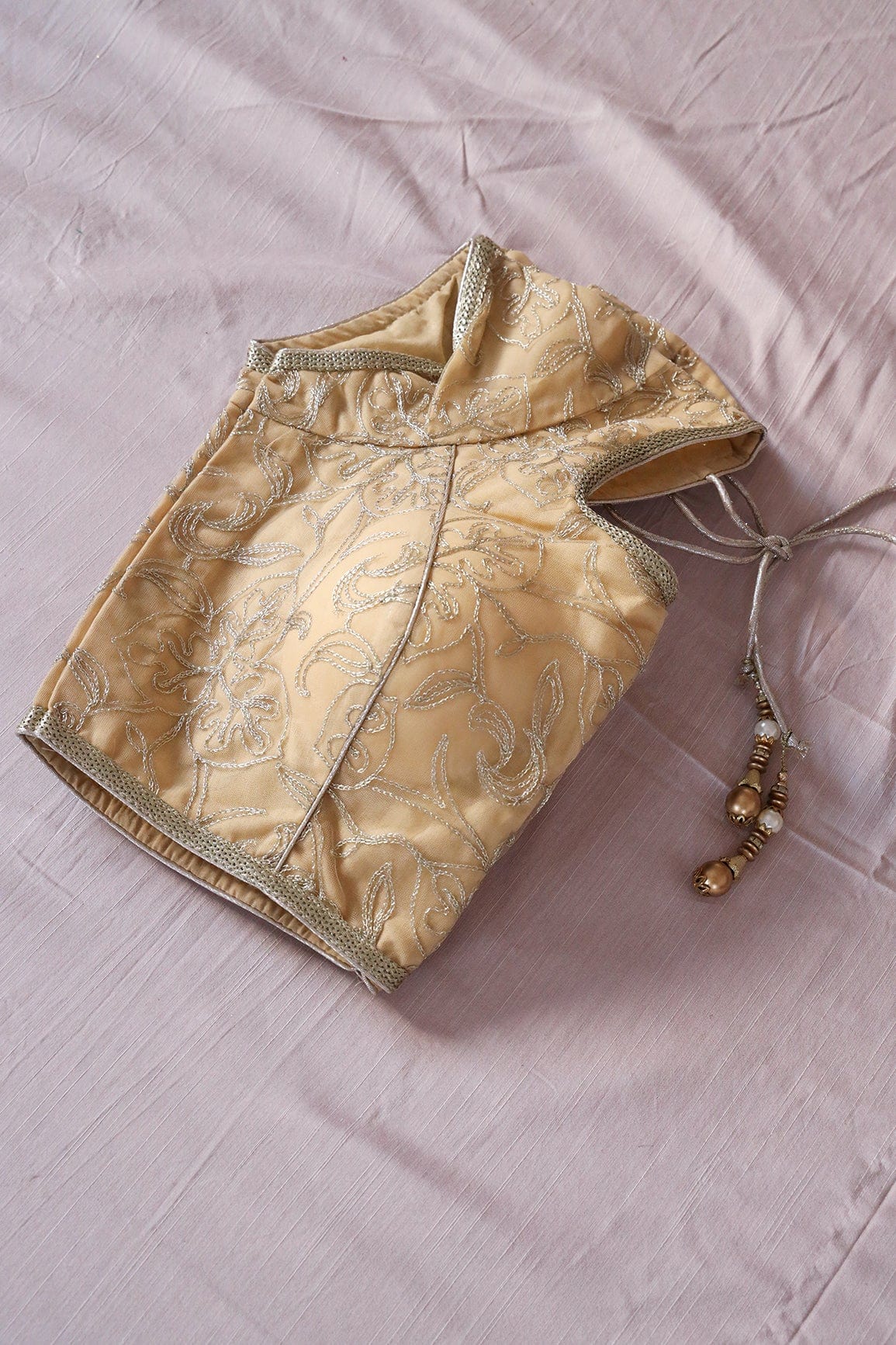 Beige Zari Embroidery Net Stitched Blouse - doeraa