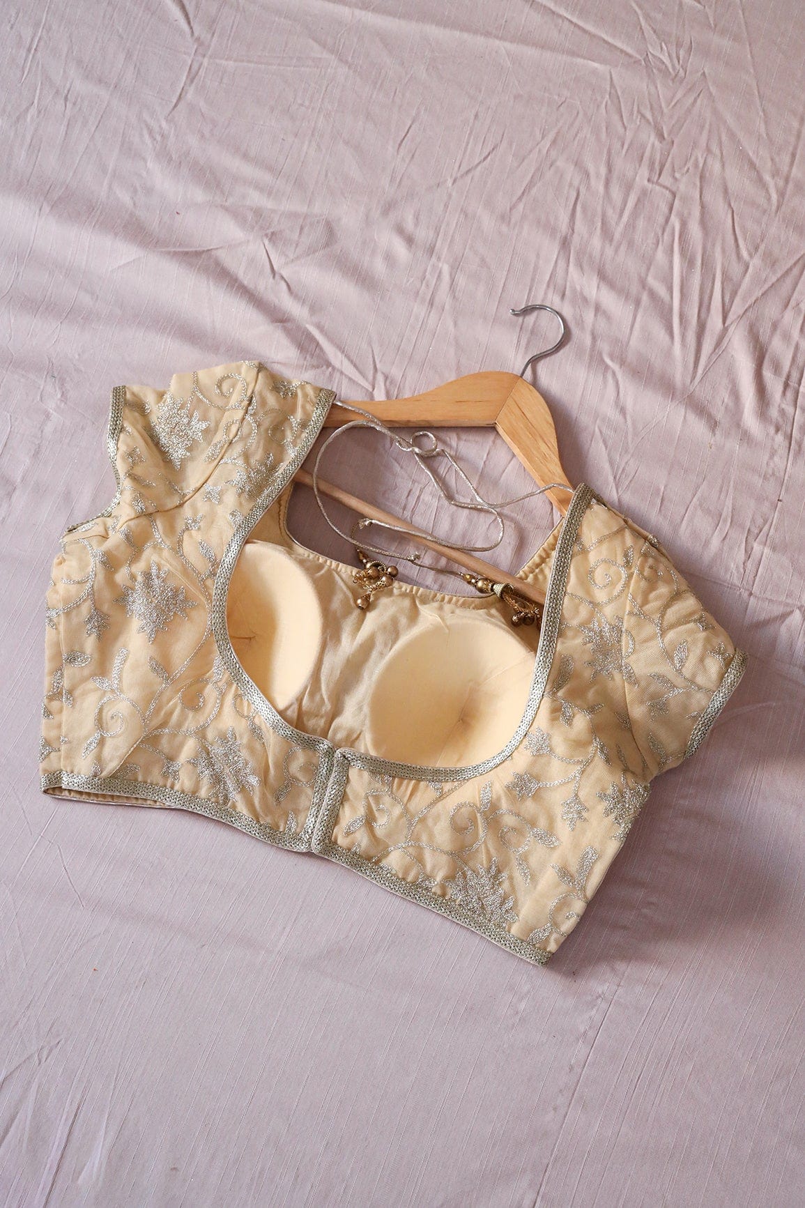 Beige Zari Embroidery Net Stitched Blouse - doeraa