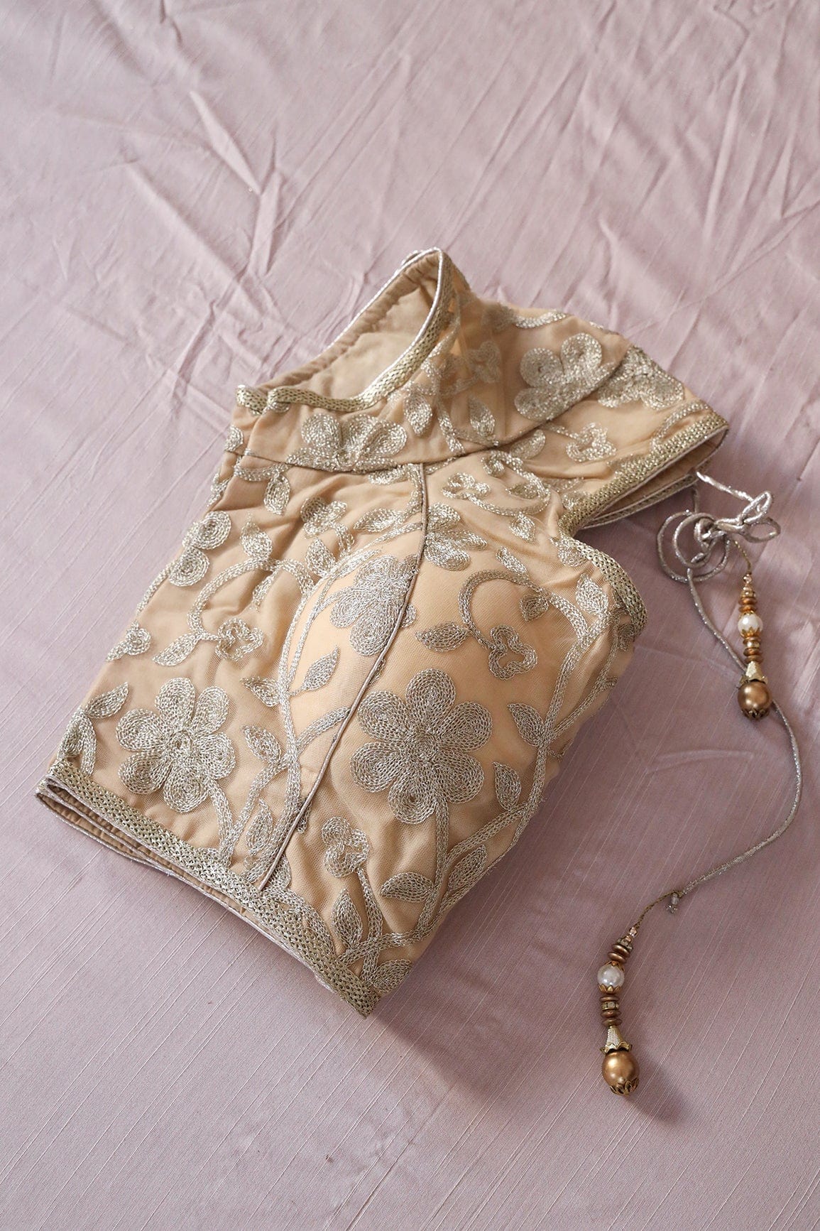 Beige Zari Embroidery Net Stitched Blouse - doeraa